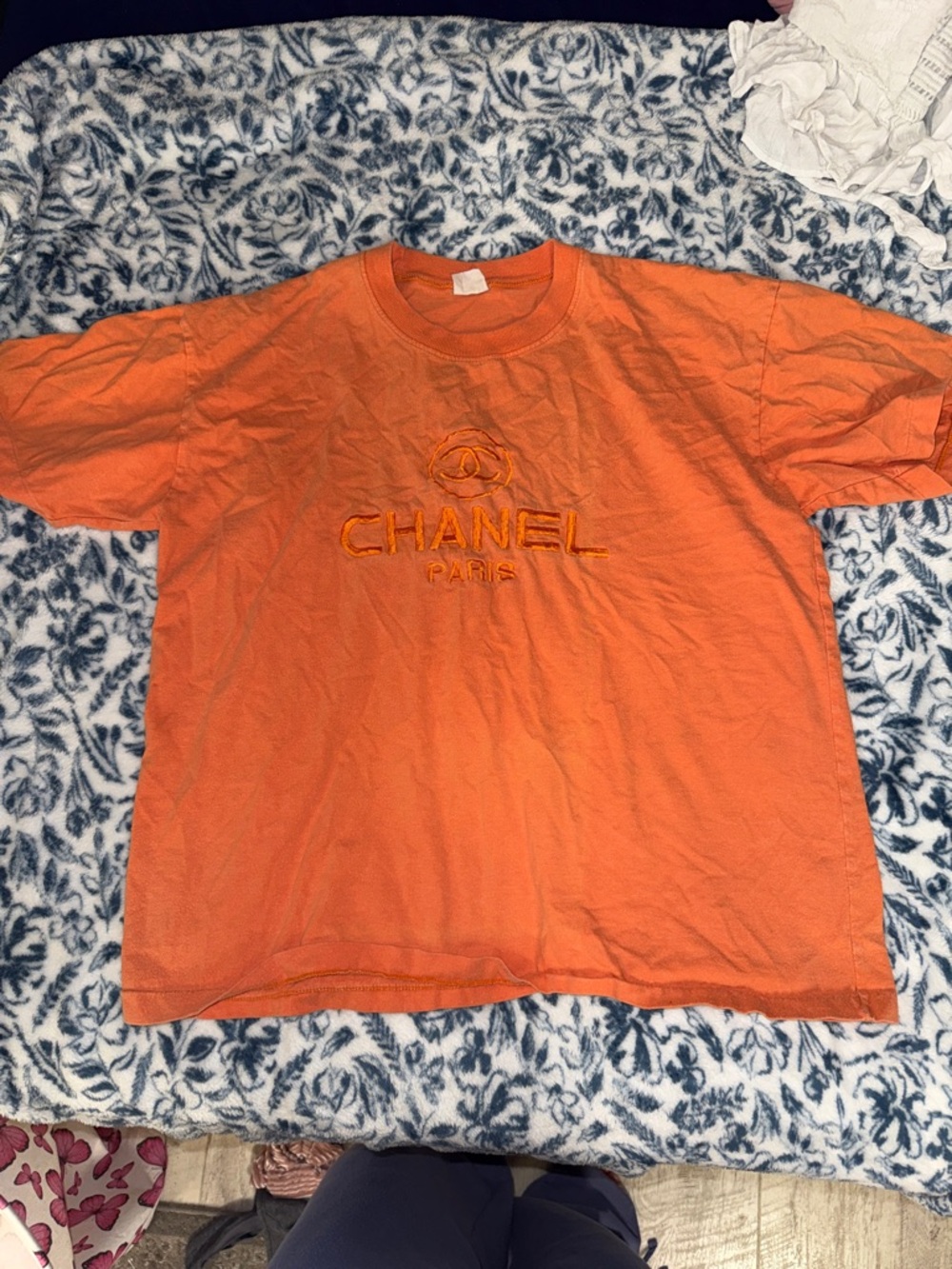 CHANEL Orange Embroidered Logo Short Sleeve Tee